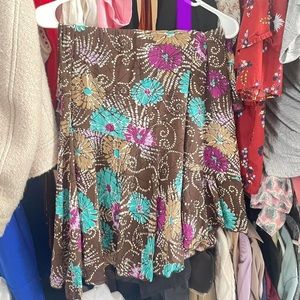 Brown floral maxi skirt with purple and teal flowers!